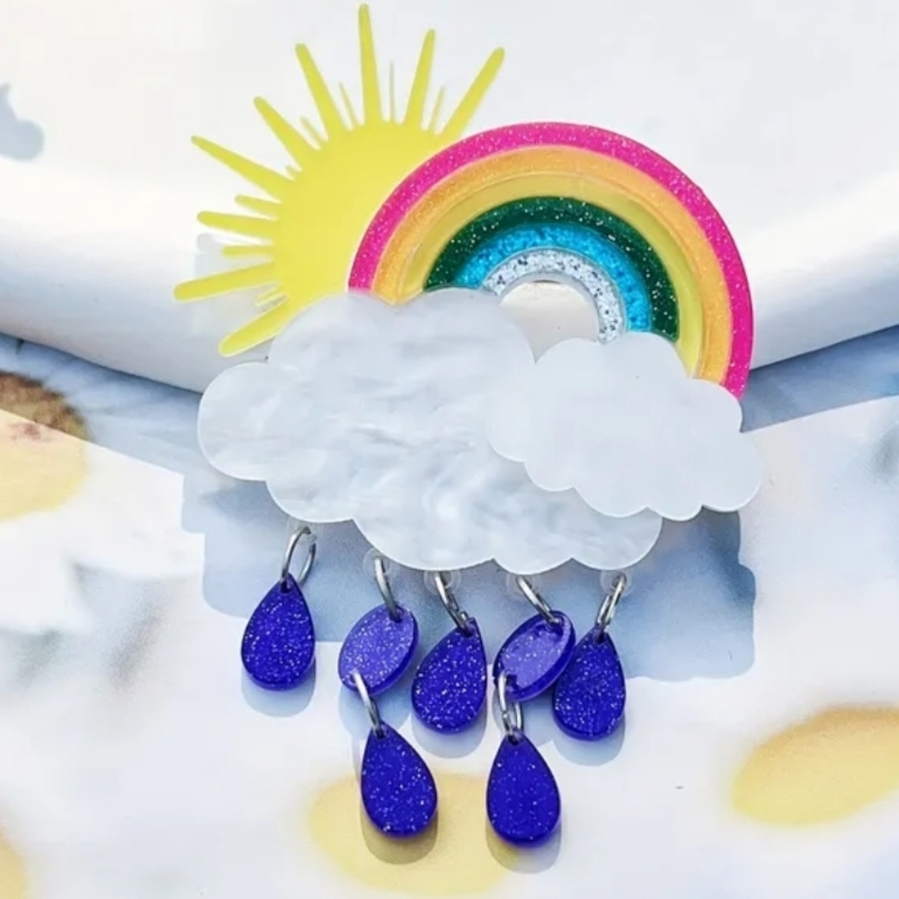 Vibrant Rainbow Cloud Brooch With Raindrops And Sun